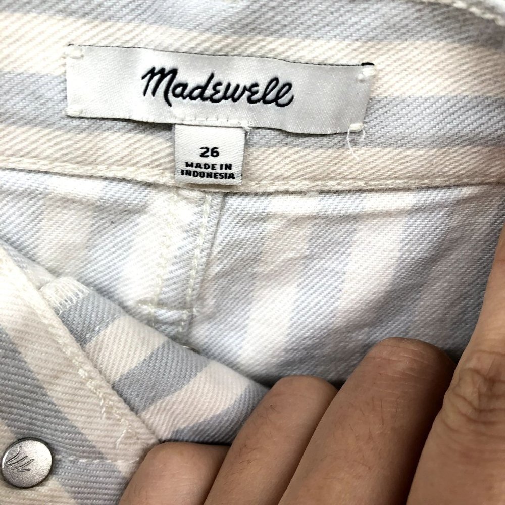 Madewell Denim Mini Skirt Sz 26 Pompano Stripe Blue White A Line Stretch Button - Picture 8 of 10